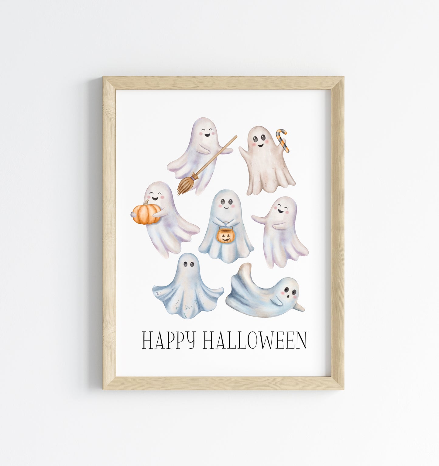 Happy Halloween cute spooky flying ghosts watercolour halloween unframed wall art poster print, watercolour art, halloween decor, ghosts boo