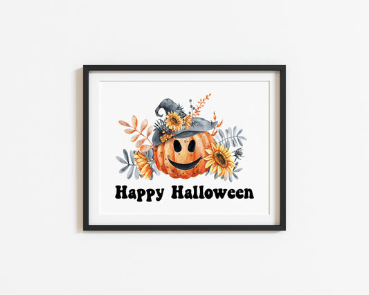 Happy halloween orange & black pumpkins fun seasonal landscape unframed wall art poster print