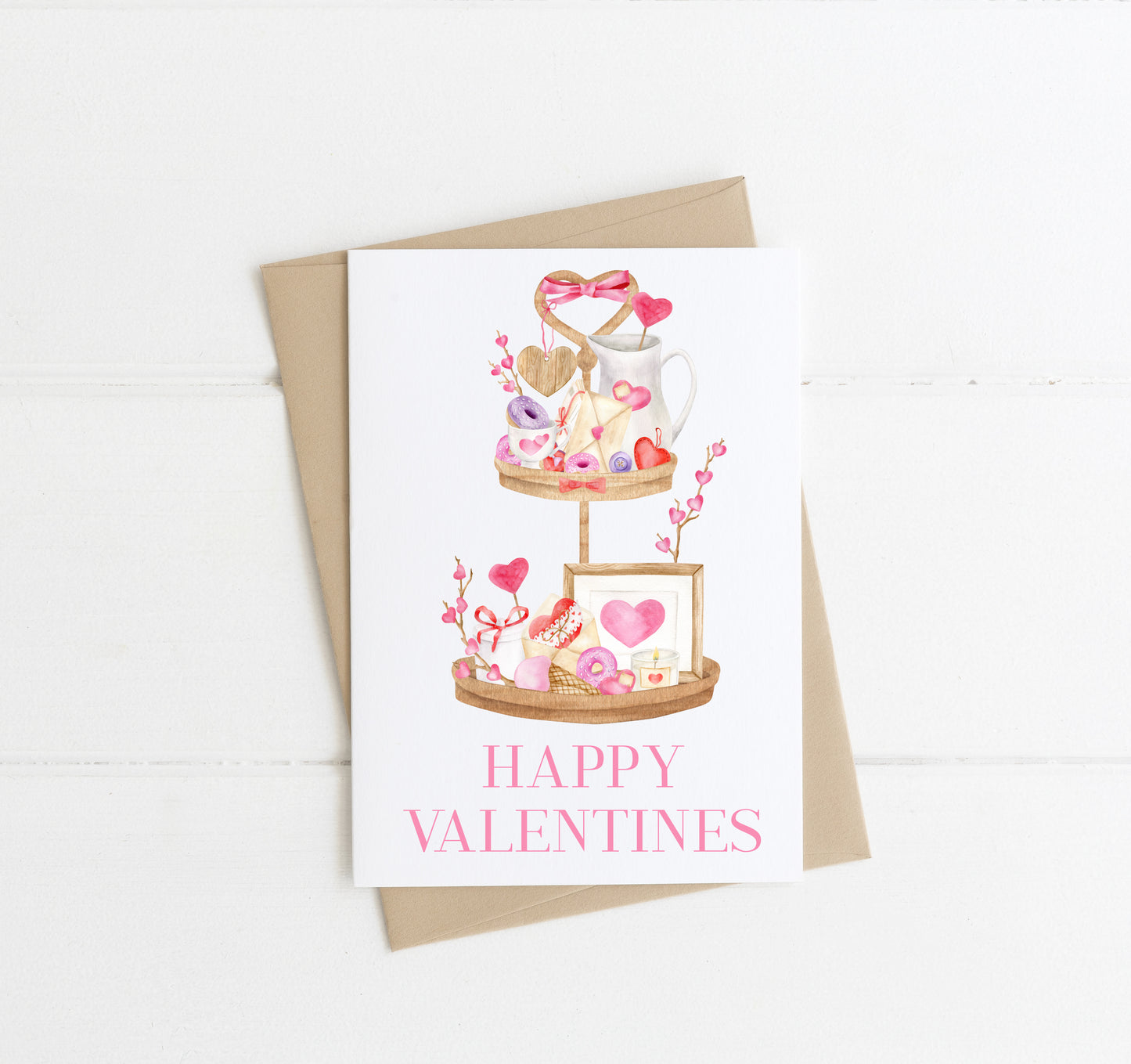 Valentines Day Card, Happy Valentines pink tiered treat tray hearts sweets treats valentines seasonal card & envelope, kraft brown or white