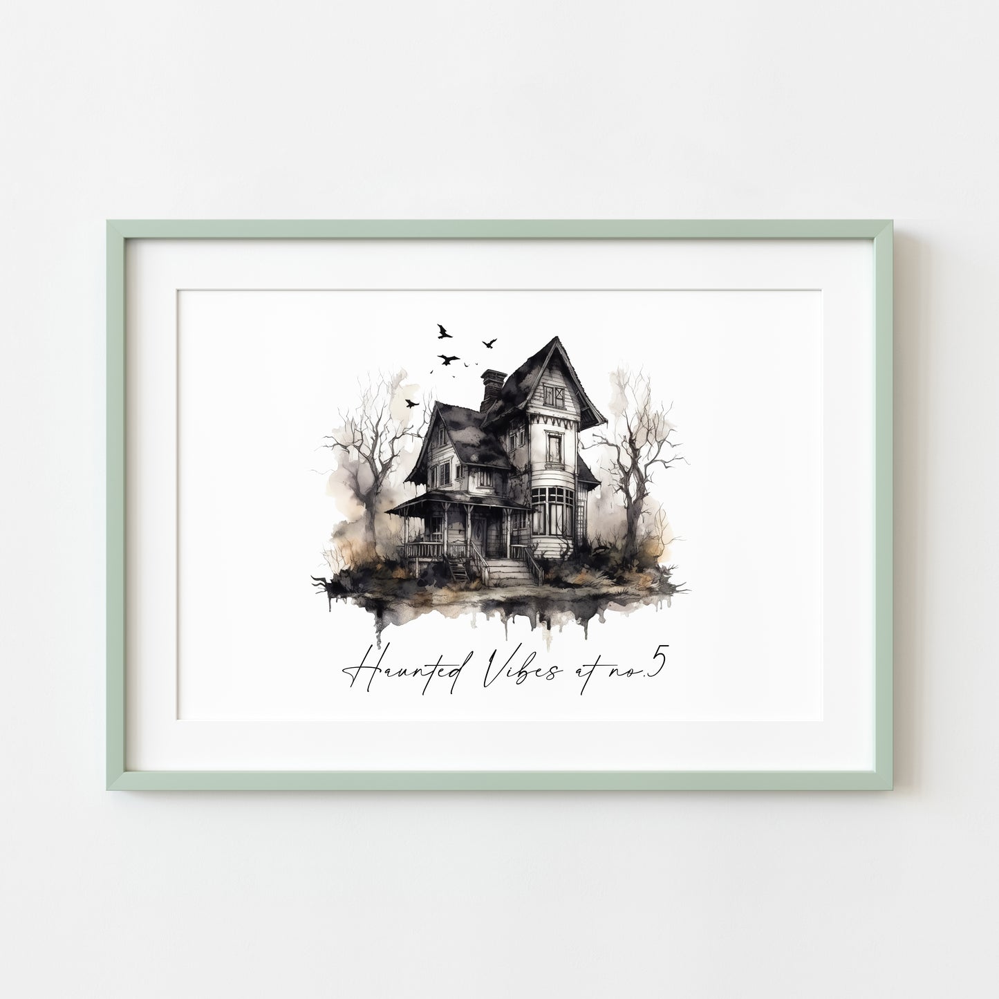 Haunted Vibes at No.5 personalised with your house number landscape watercolour illustration unframed wall art poster print