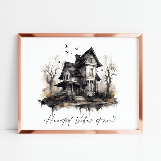 Haunted Vibes at No.5 personalised with your house number landscape watercolour illustration unframed wall art poster print