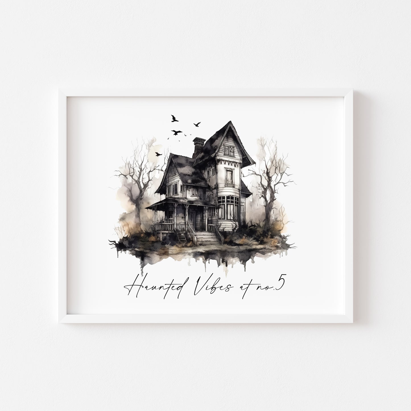 Haunted Vibes at No.5 personalised with your house number landscape watercolour illustration unframed wall art poster print