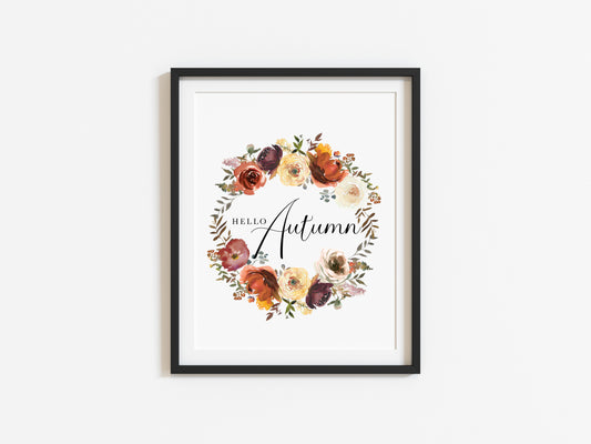 Hello Autumn watercolour floral wreath seasonal fall unframed wall art poster print
