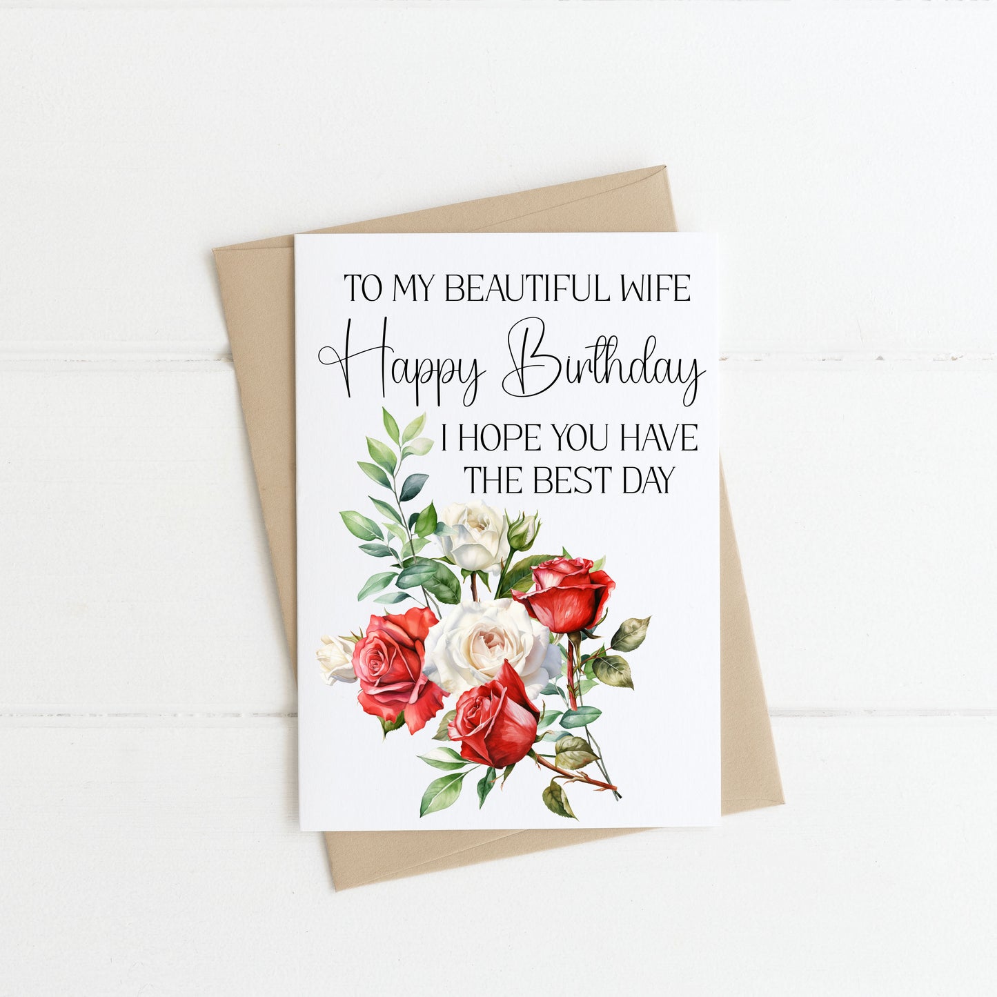 Wife birthday card to my beautiful wife happy birthday wife love couples partner red white roses bouquet card with envelope kraft brown/white