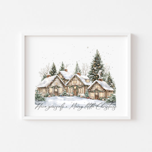 Christmas print, winter snowy village landscape Seasonal Wall Art (unframed)