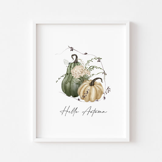 Hello Autumn seasonal watercolour fall green & cream pumpkin unframed wall art poster print