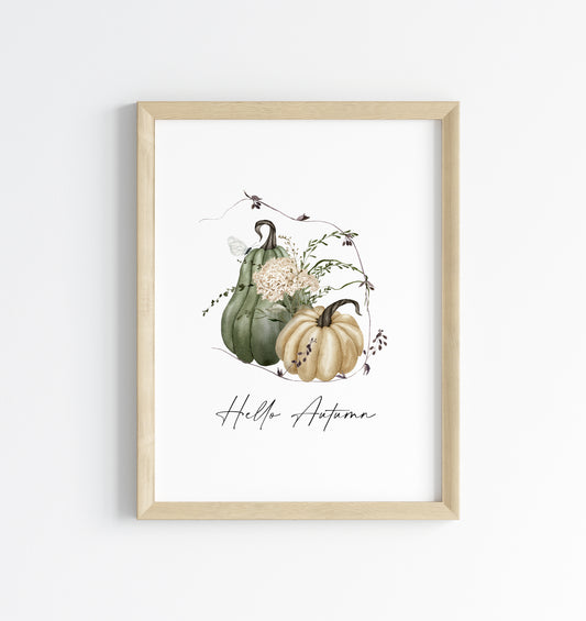 Hello Autumn seasonal watercolour fall green & cream pumpkin unframed wall art poster print