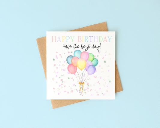 Birthday card balloons & confetti pastel bright happy Birthday with Envelope