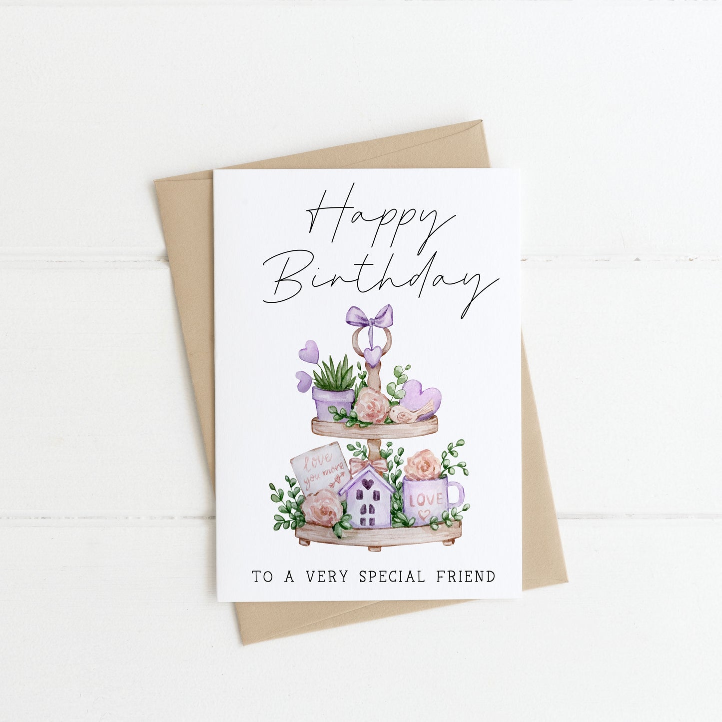 Birthday card happy birthday to a very special friend purple tiered tray love heart lilac pretty card with envelope,kraft brown or white