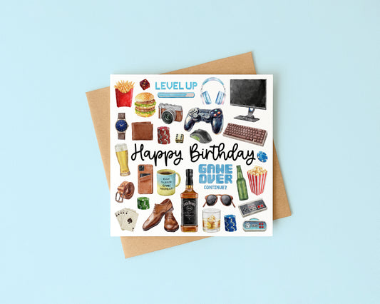 Gaming mens Birthday Card gamer drinks snacks mans bday Design with Envelope