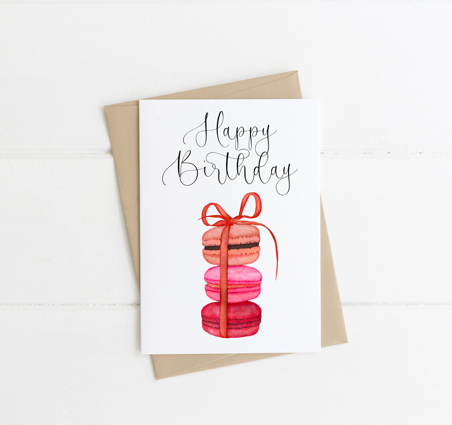 Happy birthday card, red pink sweet bow wrapped macaroons neutral cute watercolour birthday card with envelope,kraft brown or white
