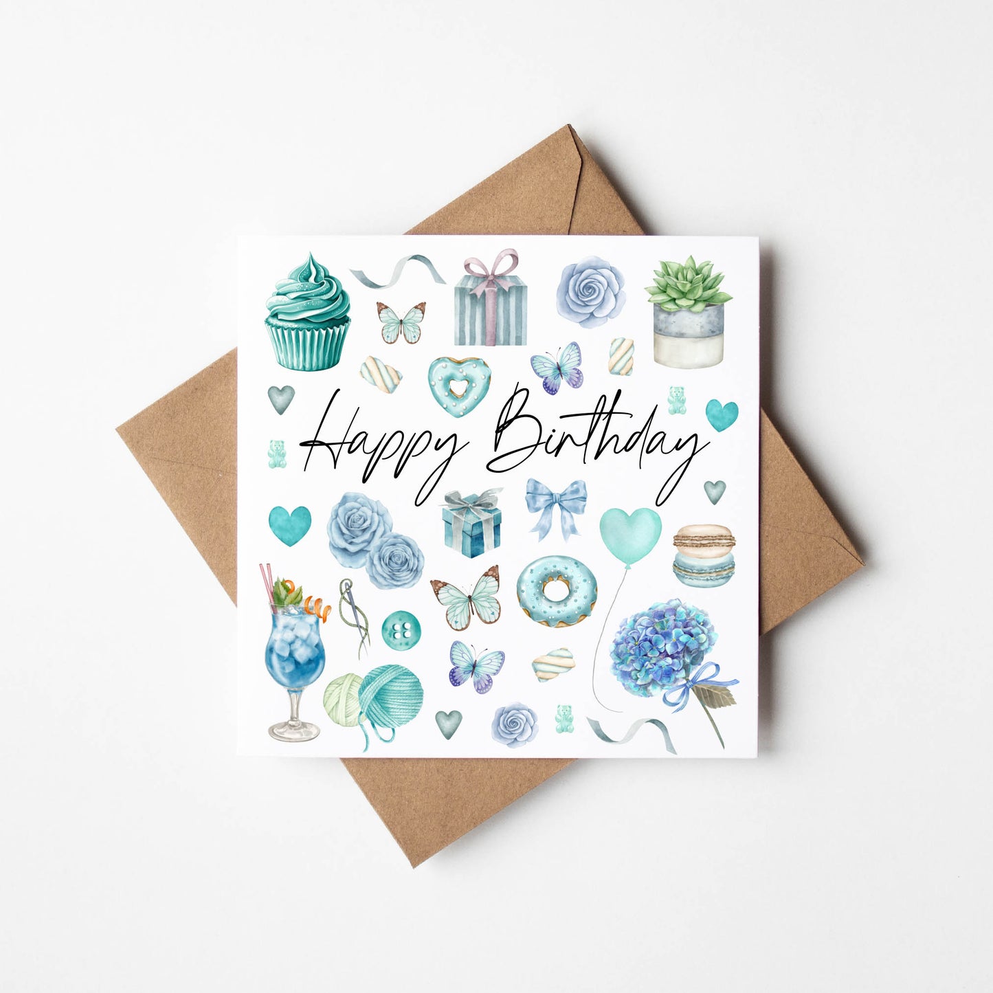 Birthday cards Pack of 4 Happy Birthday individual styles, floral roses sunflowers blue purple pink colour themed cards with envelopes