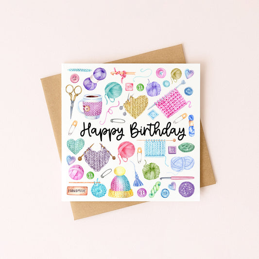 Crochet Knit Birthday Card Watercolour Bright Design with Kraft Envelope