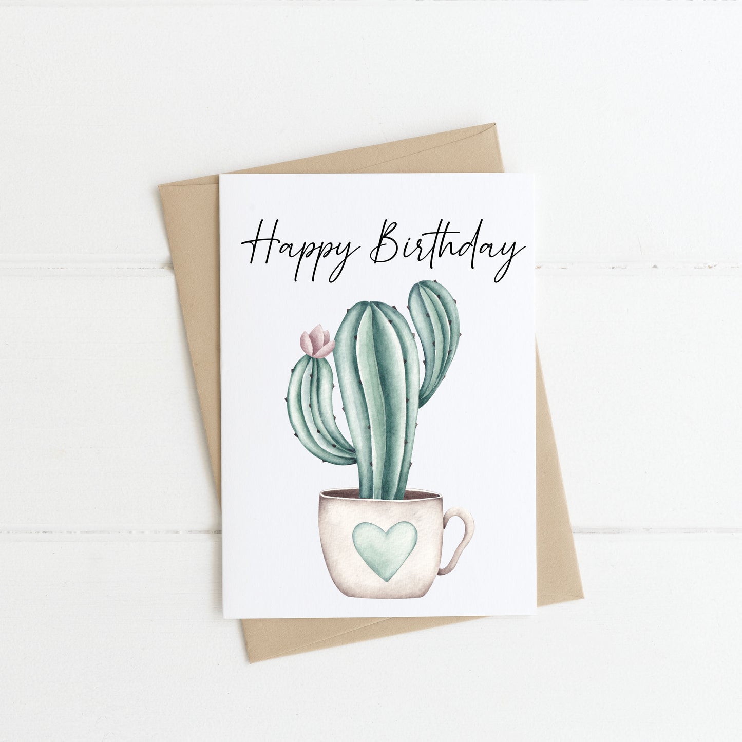 Birthday card, happy birthday cactus plant muted watercolour green blue heart cactus birthday plant card with envelope,kraft brown or white