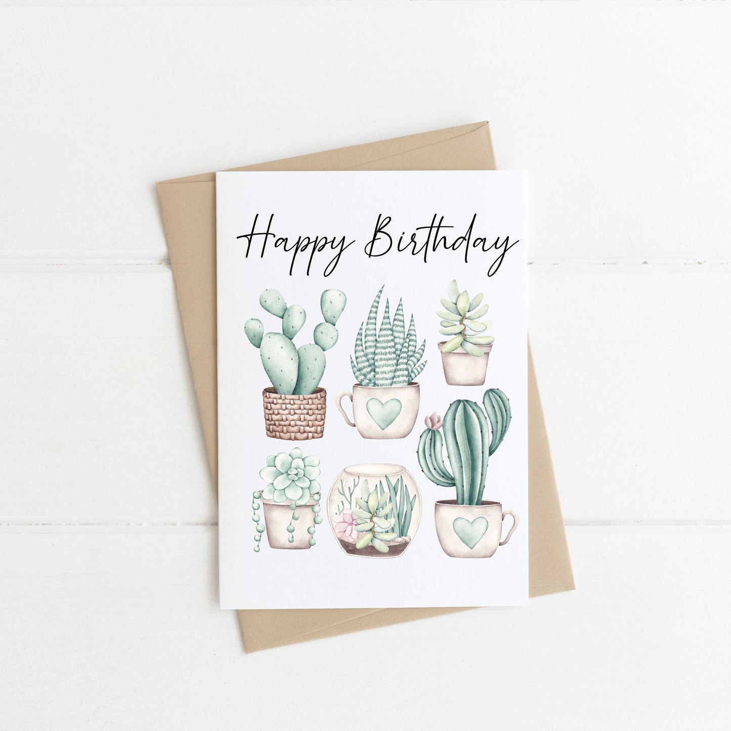 Pack of 4 Birthday cards Plant cactus succulent plant lover plant addict plant birthday pack of 4 cards with envelopes kraft brown/white