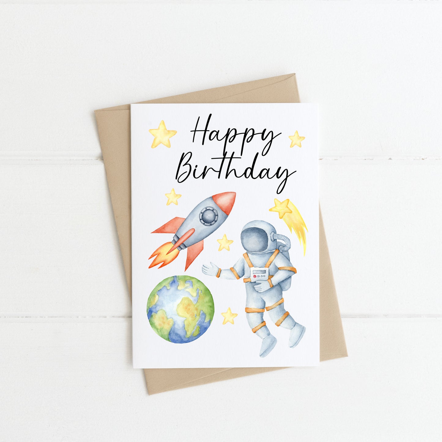 Birthday card, Space themed birthday card, happy birthday astronaut earth rocket stars space birthday card & envelope,kraft brown or white