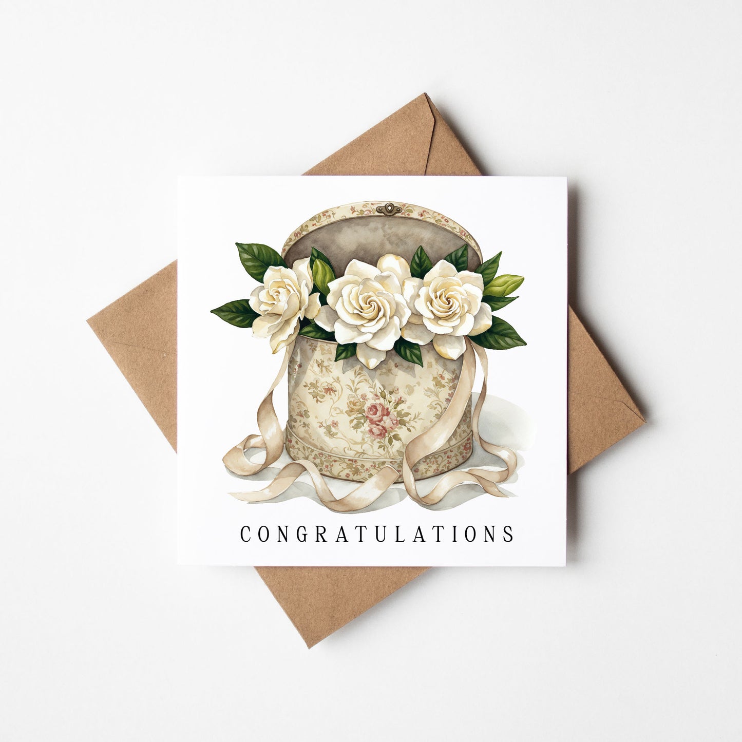 Congratulations Card, on your wedding day box of white Roses with Kraft Envelope