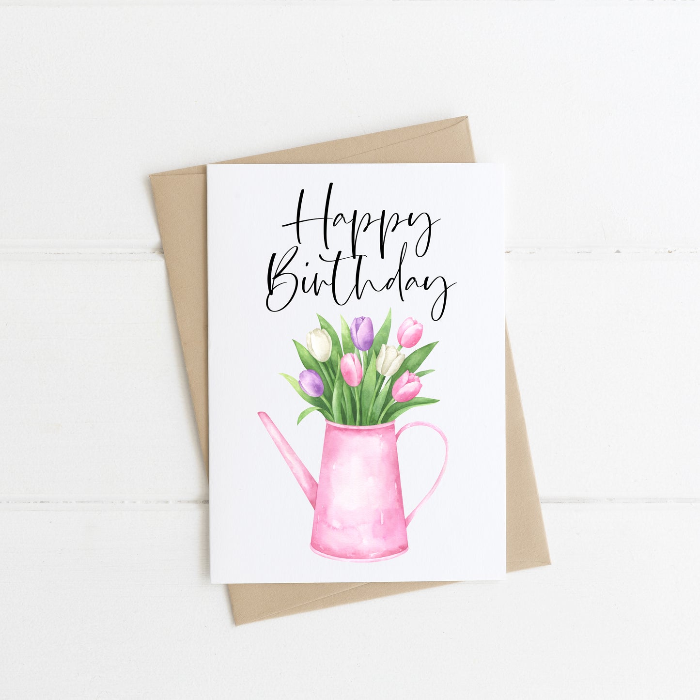 Happy birthday card, pink vase gardening can of tulip flowers pretty pink floral watercolour style card with envelope,kraft brown or white