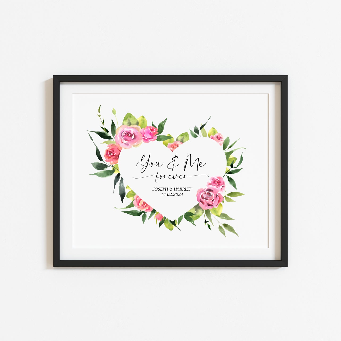Couples print, you and me forever landscape pink green floral heart unframed wall art poster print