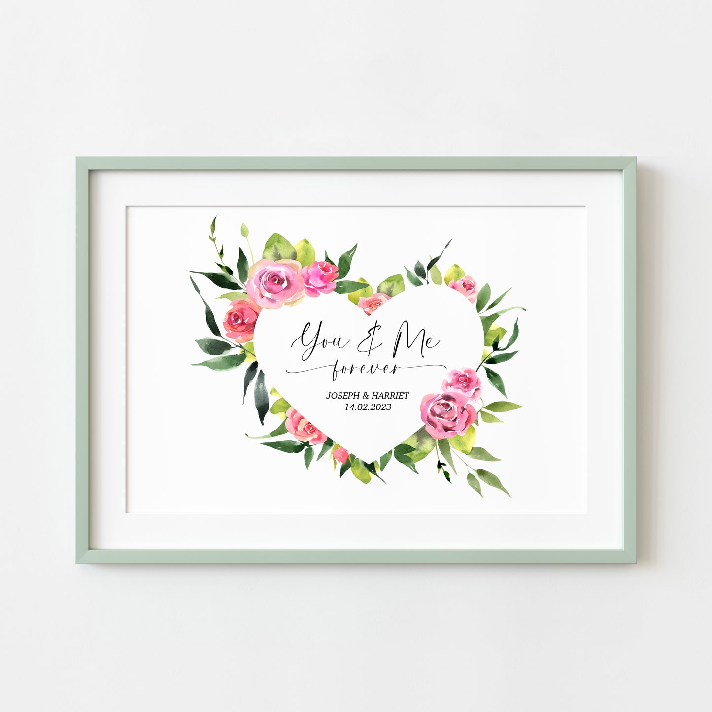 Couples print, you and me forever landscape pink green floral heart unframed wall art poster print