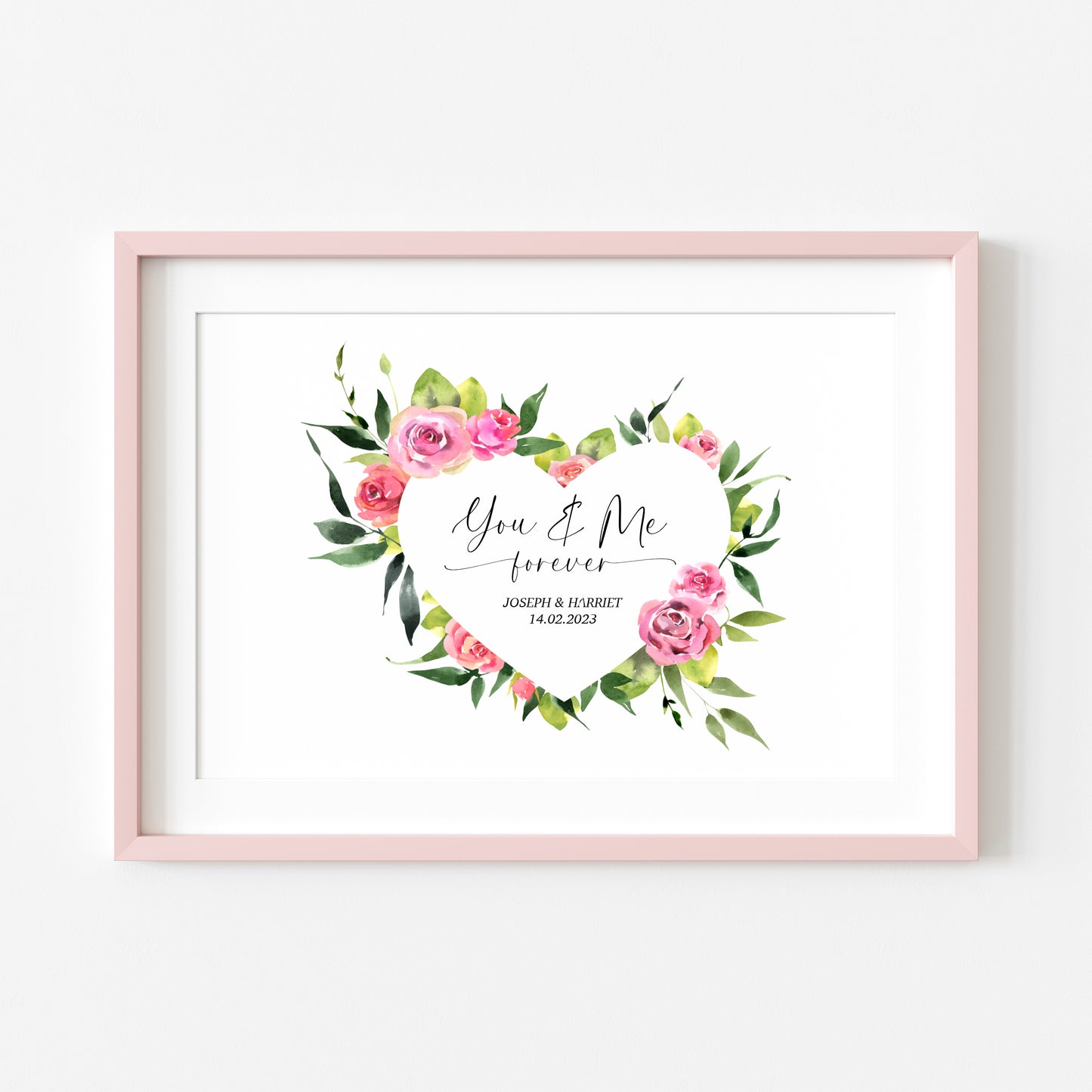Couples print, you and me forever landscape pink green floral heart unframed wall art poster print