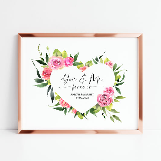 Couples print, you and me forever landscape pink green floral heart unframed wall art poster print