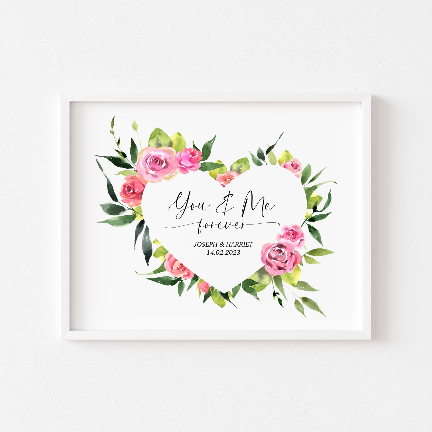 Couples print, you and me forever landscape pink green floral heart unframed wall art poster print