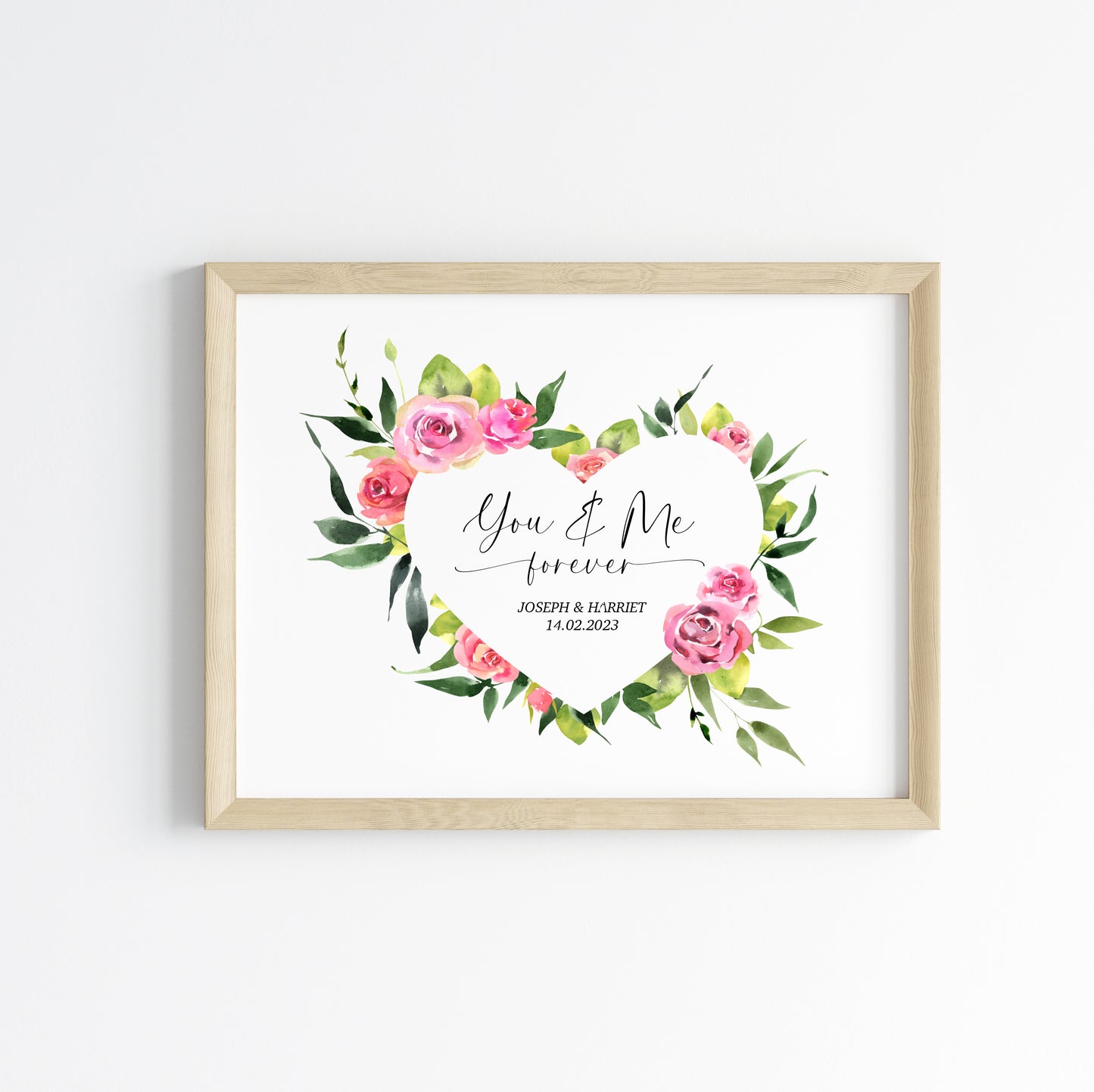 Couples print, you and me forever landscape pink green floral heart unframed wall art poster print