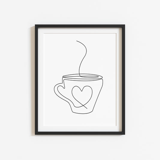 Kitchen print, Coffee tea heart hug mug kitchen office line drawing unframed wall art poster print