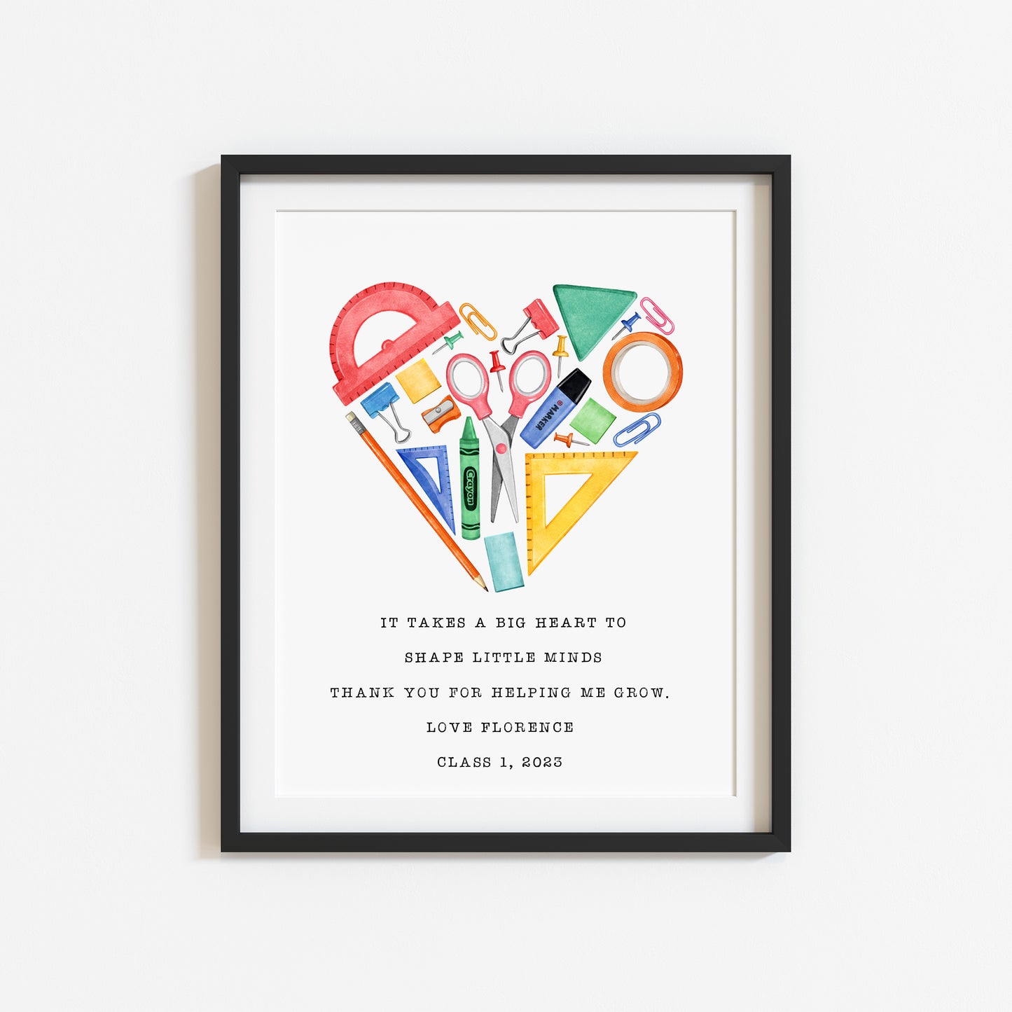 Personalised Thank you teacher gift, heart watercolour illustration unframed wall art poster print
