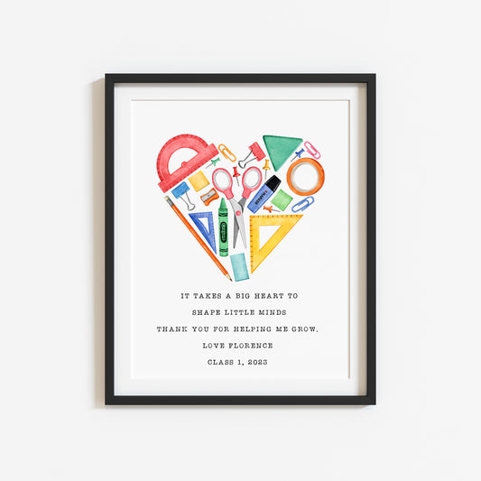 Personalised Thank you teacher gift, heart watercolour illustration unframed wall art poster print