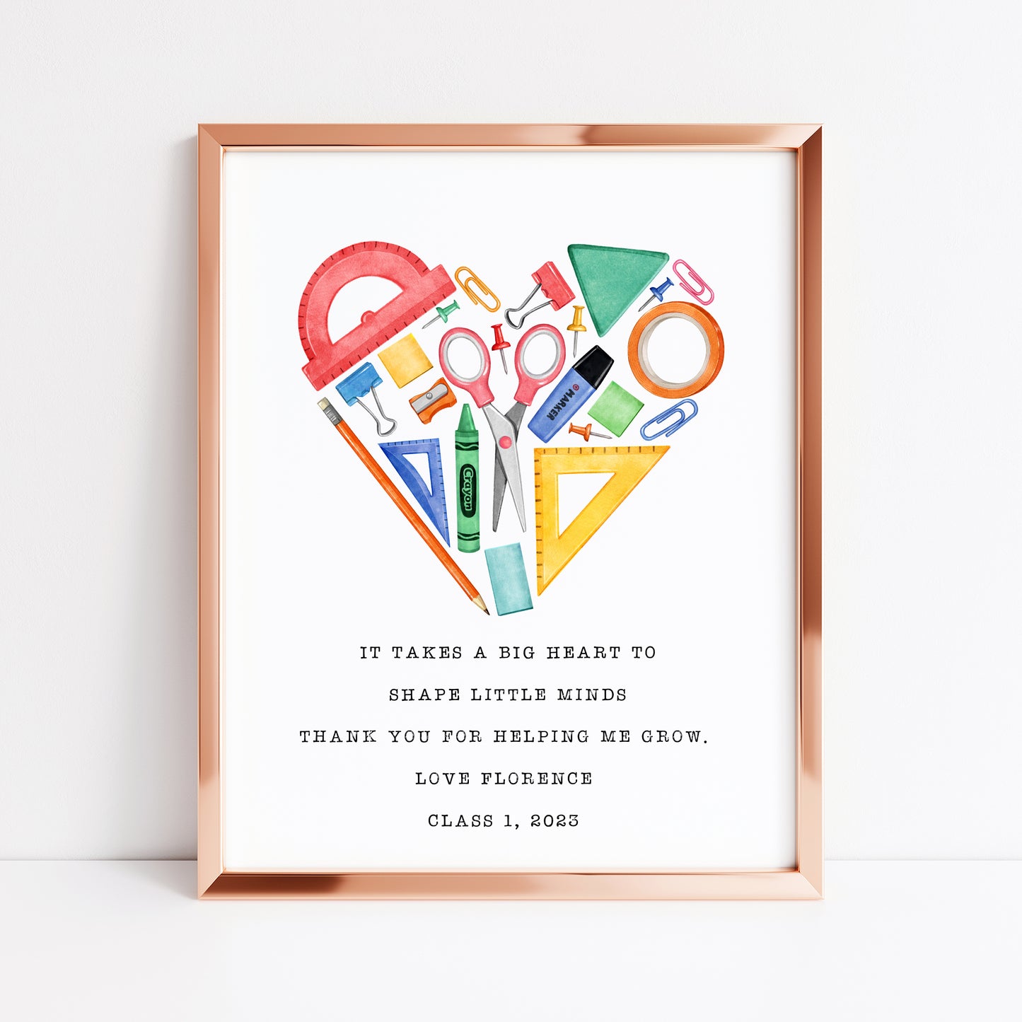 Personalised Thank you teacher gift, heart watercolour illustration unframed wall art poster print