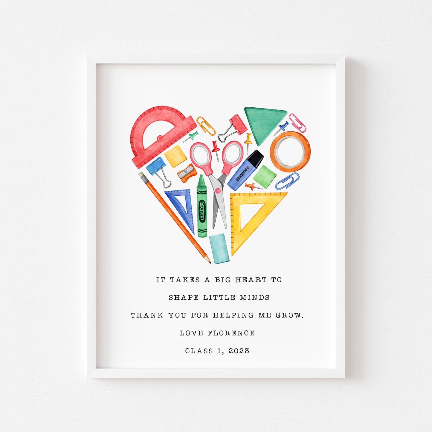 Personalised Thank you teacher gift, heart watercolour illustration unframed wall art poster print