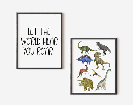 Set of 2 dinosaur prints Dinosaur, let the world hear you ROAR watercolour dinosaur pictures unframed wall art poster prints