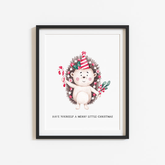 Have yourself a merry little christmas watercolour hedgehog celebrating seasonal unframed wall art poster print