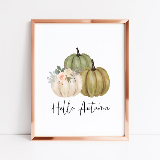 Hello Autumn Pumpkin trio green & cream floral watercolour seasonal unframed wall art poster print