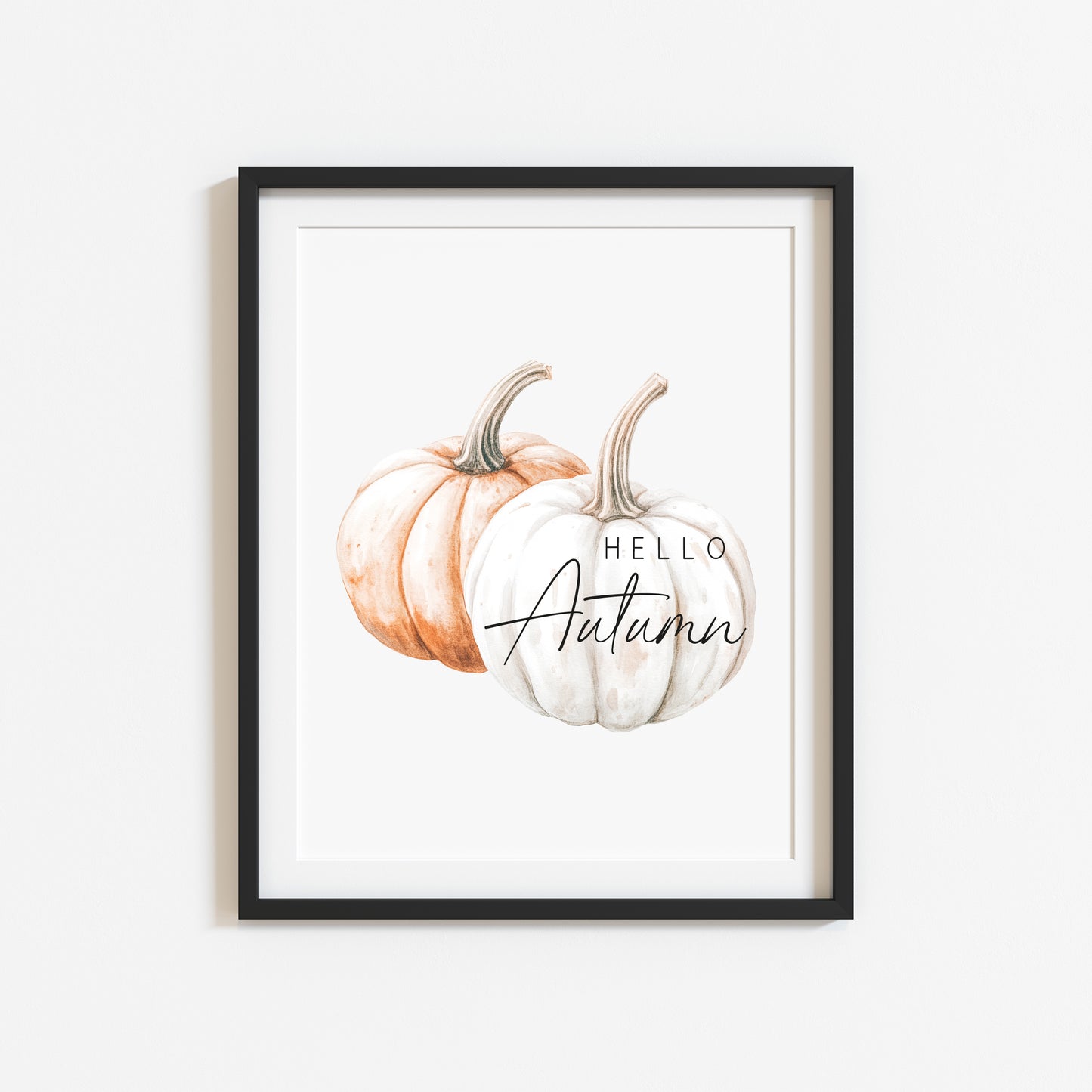 Hello Autumn, watercolour orange white pumpkins fall seasonal unframed wall art poster print, autumn home decor autumn decor, fall art