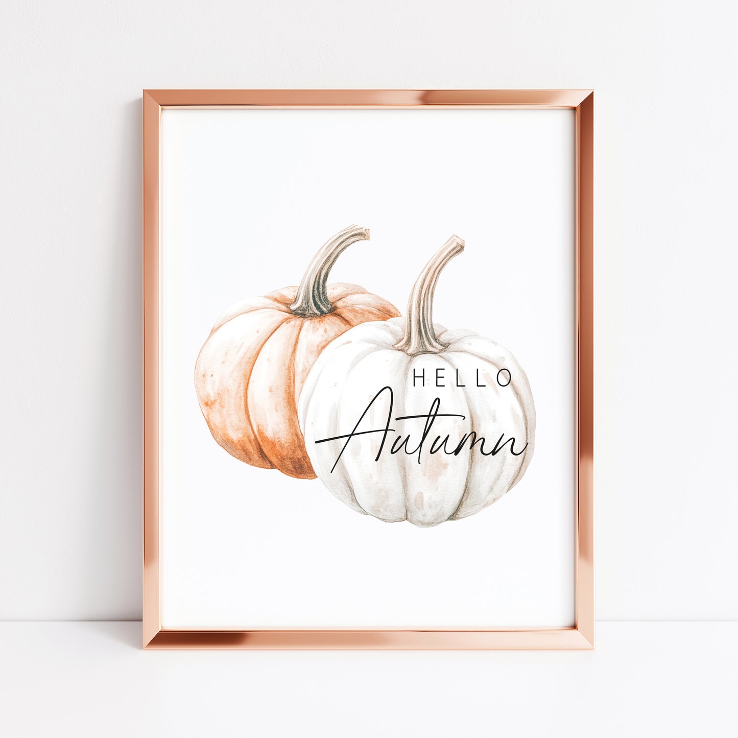 Hello Autumn, watercolour orange white pumpkins fall seasonal unframed wall art poster print, autumn home decor autumn decor, fall art