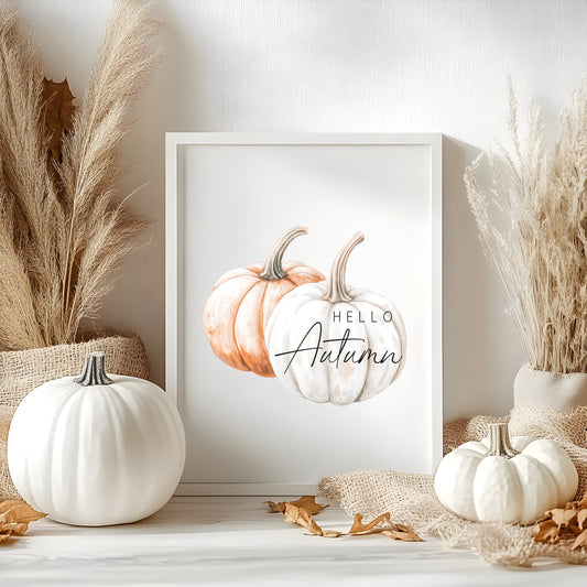 Hello Autumn, watercolour orange white pumpkins fall seasonal unframed wall art poster print, autumn home decor autumn decor, fall art