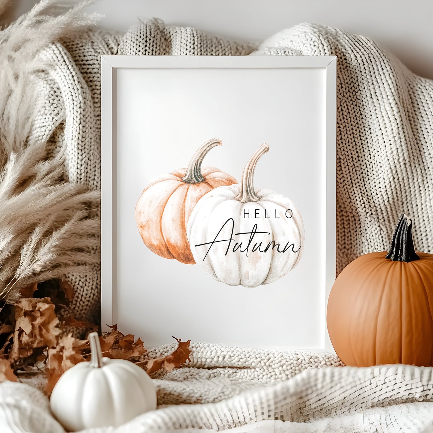 Hello Autumn, watercolour orange white pumpkins fall seasonal unframed wall art poster print, autumn home decor autumn decor, fall art