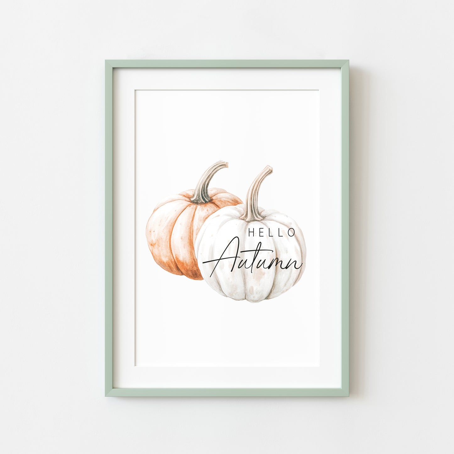 Hello Autumn, watercolour orange white pumpkins fall seasonal unframed wall art poster print, autumn home decor autumn decor, fall art