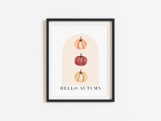 Hello Autumn watercolour pumpkin trio beige and red seasonal unframed wall art poster print