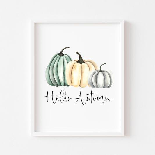 Autumn Pumpkin Print Green cream & Grey Fall Wall Art Poster (Unframed)