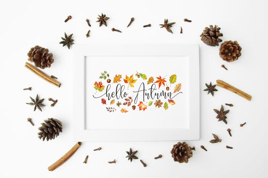 Hello Autumn, leaves, acorns, foliage autumn watercolour seasonal unframed wall art poster print