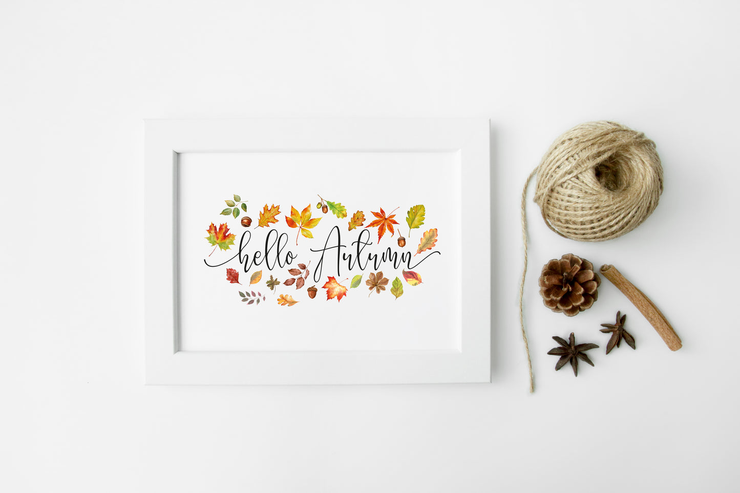 Hello Autumn, leaves, acorns, foliage autumn watercolour seasonal unframed wall art poster print