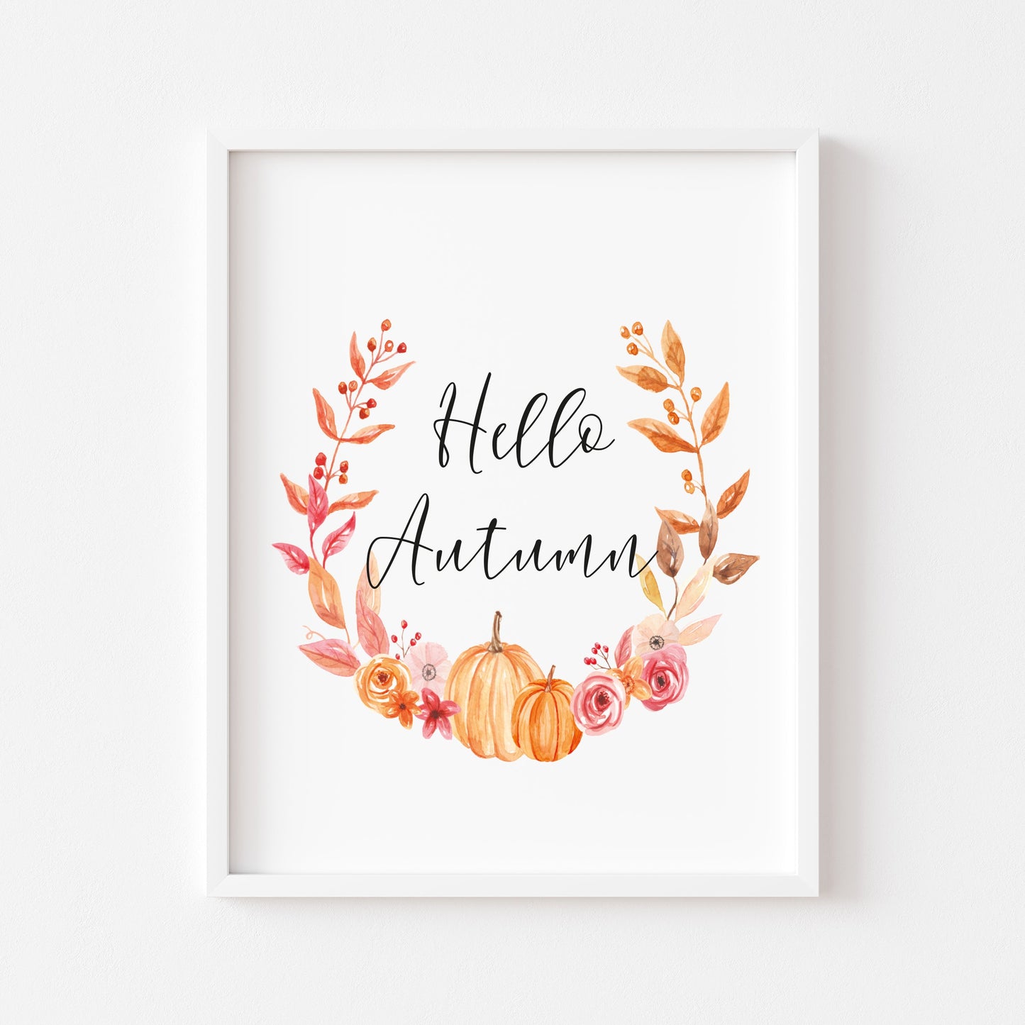 Hello Autumn orange pumpkin foliage watercolour seasonal unframed wall art poster print