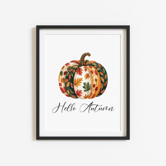 Autumn print, Hello Autumn Pumpkin, red orange green patterned fall leaves pumpkin unframed wall art poster print, autumn decor, pumpkins