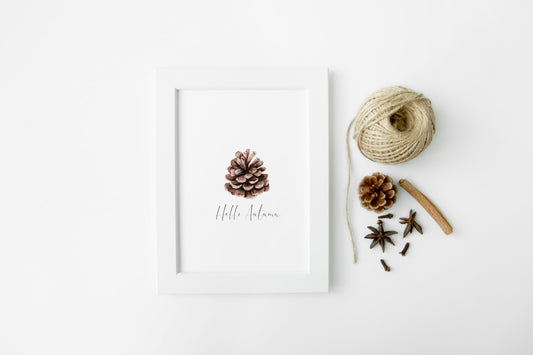 Hello Autumn watercolour pine cone seasonal fall unframed wall art poster print