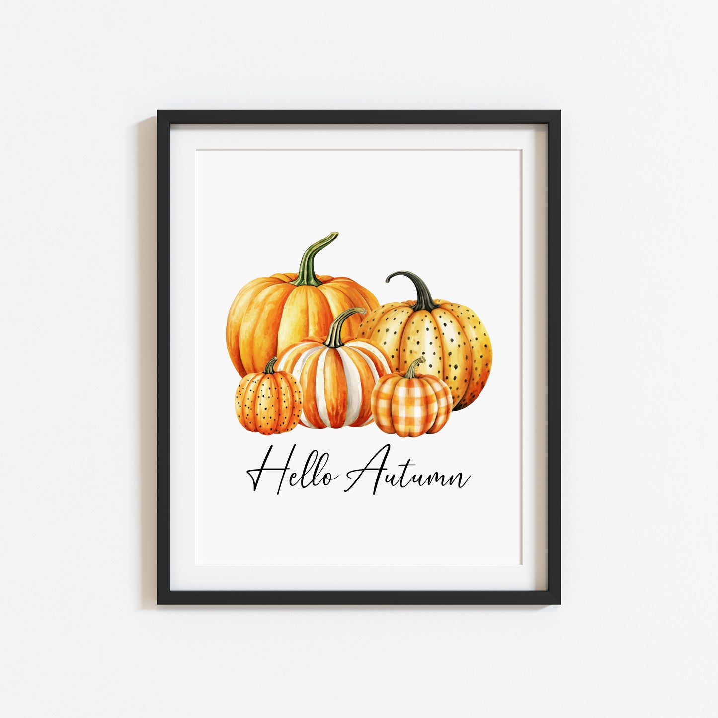 Hello Autumn, watercolour orange spotty bright striped chequered pumpkins fall seasonal unframed wall art poster print autumn home decor