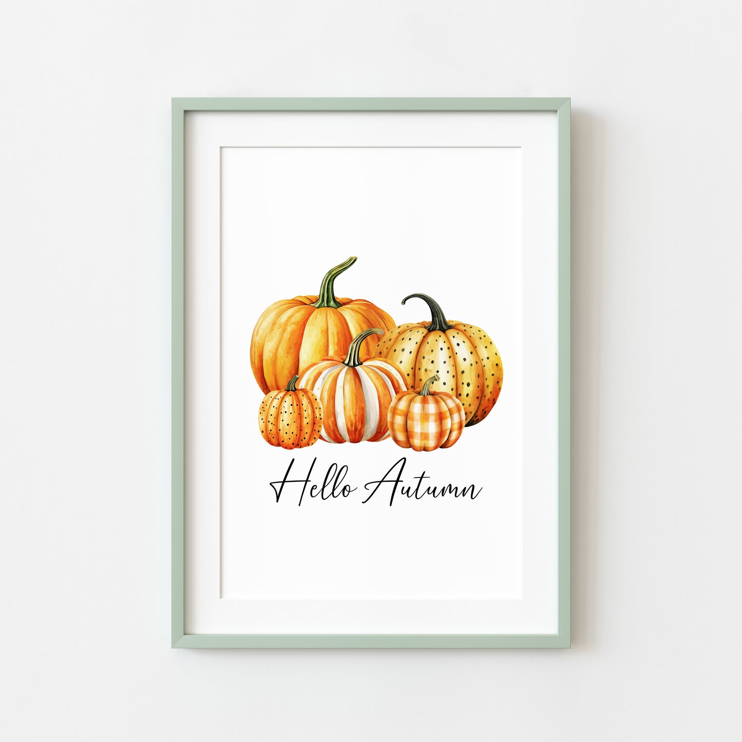 Hello Autumn, watercolour orange spotty bright striped chequered pumpkins fall seasonal unframed wall art poster print autumn home decor